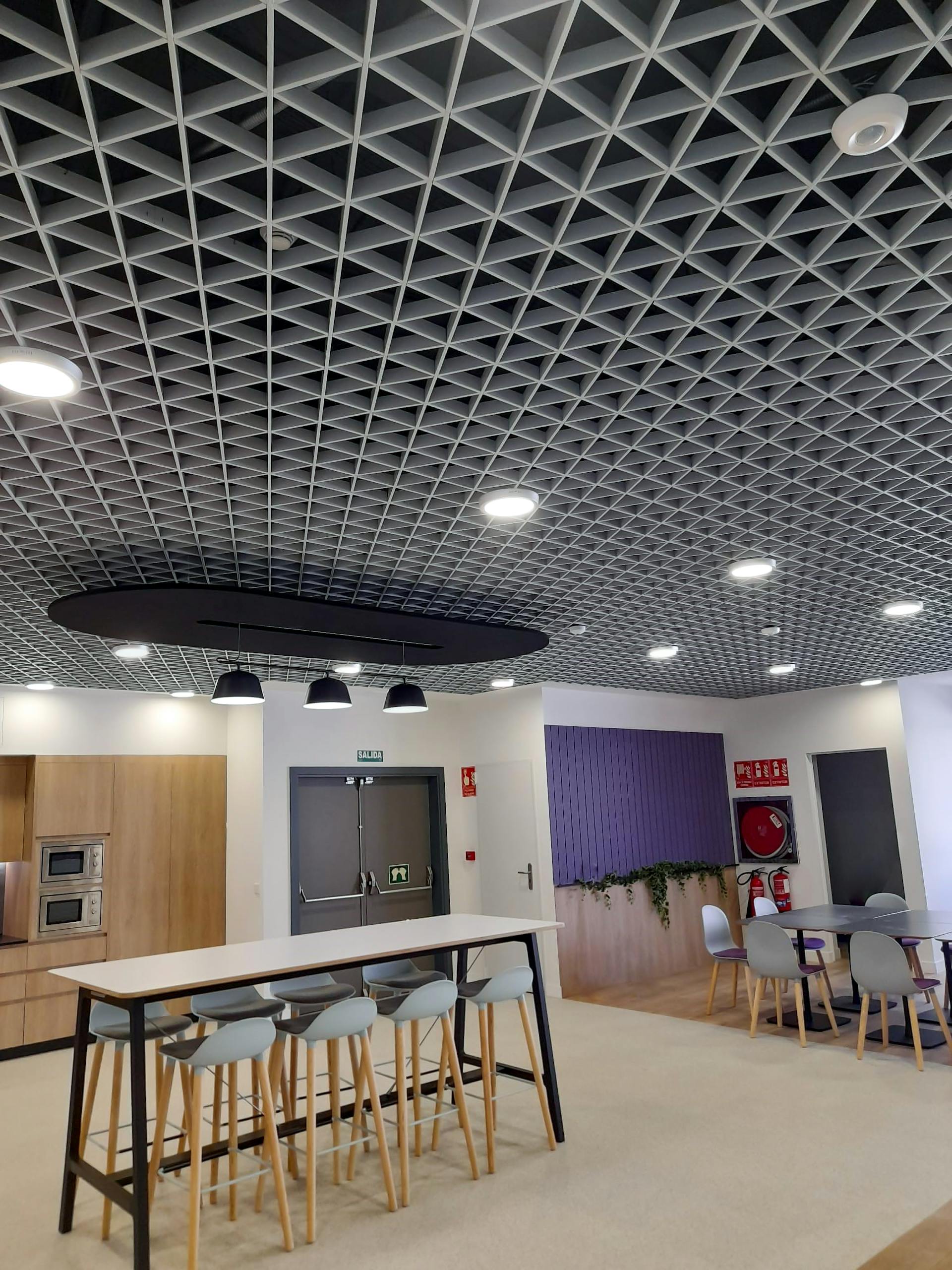 Contemporary office interior showcasing unique grid-patterned ceiling and minimalist furniture for a stylish workspace.